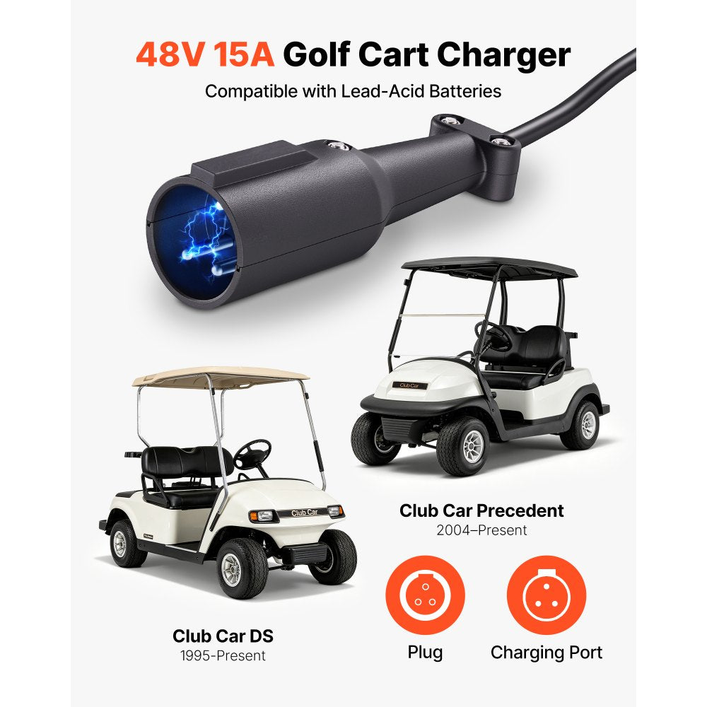 VEVOR Golf Cart Battery Charger 48V 15A Club Car Charger 3-Pin Round Plug, Only for Lead Acid Battery, Aluminum Alloy Shell, Trickle Charging, LED Indicator Light, with Cooling Fan, IP67 Waterproof