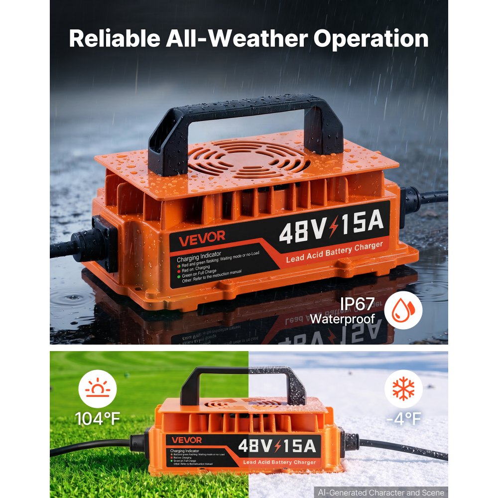 VEVOR Golf Cart Battery Charger 48V 15A Club Car Charger 3-Pin Round Plug, Only for Lead Acid Battery, Aluminum Alloy Shell, Trickle Charging, LED Indicator Light, with Cooling Fan, IP67 Waterproof