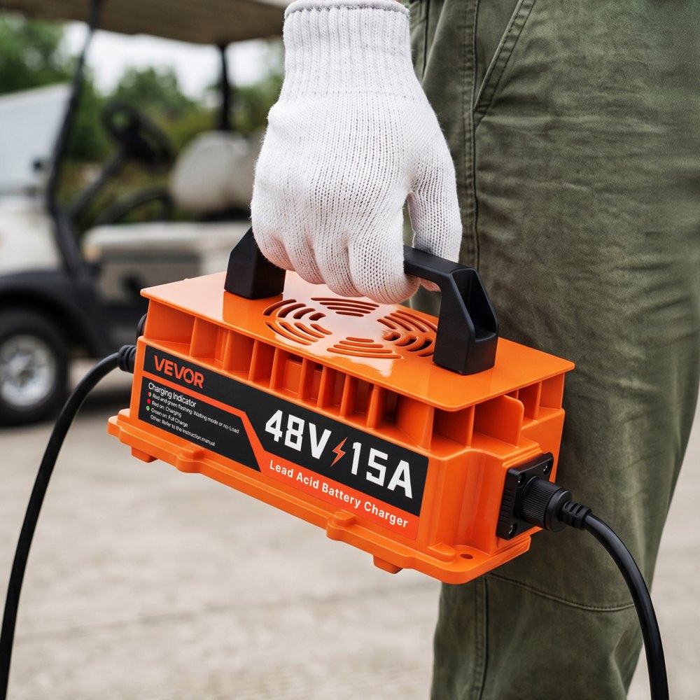 VEVOR Golf Cart Battery Charger 48V 15A Club Car Charger 3-Pin Round Plug, Only for Lead Acid Battery, Aluminum Alloy Shell, Trickle Charging, LED Indicator Light, with Cooling Fan, IP67 Waterproof