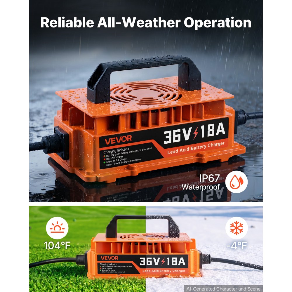 VEVOR Golf Cart Battery Charger 36V 18A Smart Charger with Crowfoot Plug, Only for Lead Acid Battery, Aluminum Alloy Shell, Trickle Charging, LED Indicator Light, with Cooling Fan, IP67 Waterproof