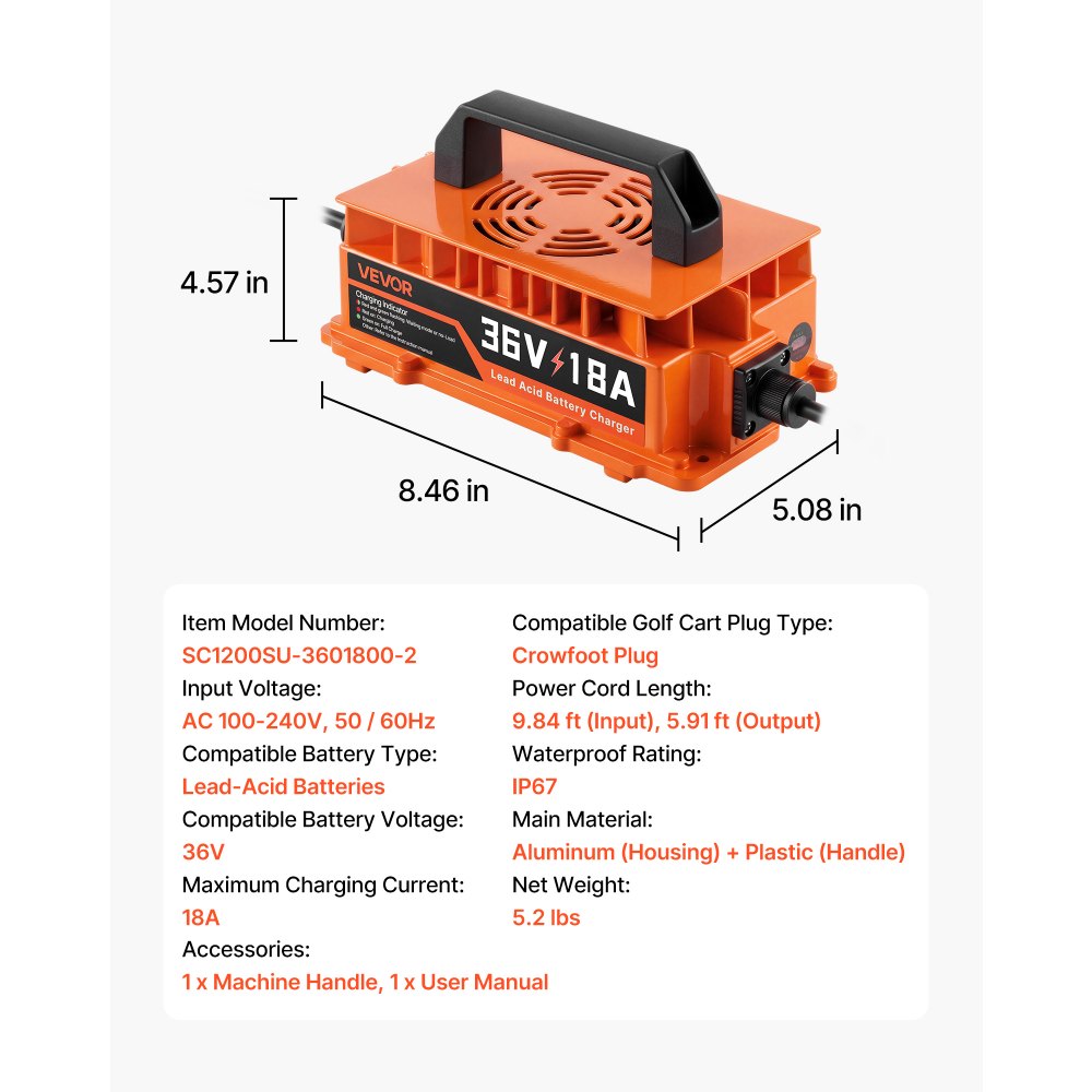 VEVOR Golf Cart Battery Charger 36V 18A Smart Charger with Crowfoot Plug, Only for Lead Acid Battery, Aluminum Alloy Shell, Trickle Charging, LED Indicator Light, with Cooling Fan, IP67 Waterproof
