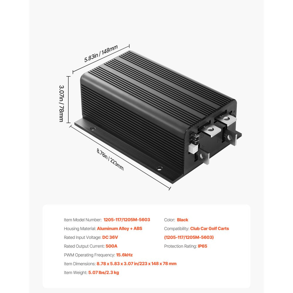 VEVOR Golf Cart Speed Controller, 36V & 500A, DC Motor Controller Replacement for Club Car Golf Carts, IP65 Rated Protection, Aluminum Alloy & ABS Housing, Compatible with 1205-117/1205M-5603 Models
