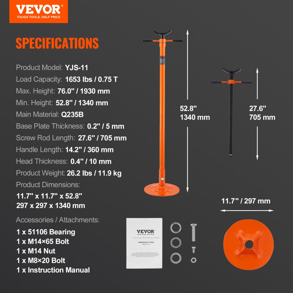 VEVOR Underhoist Support Stand, 3/4 Ton Capacity Under Hoist Jack Stand, Lifting from 52.8" to 76", Bearing Mounted Spin Handle Pole Jack, Self-Locking Threaded Screw, Support Vehicle Components