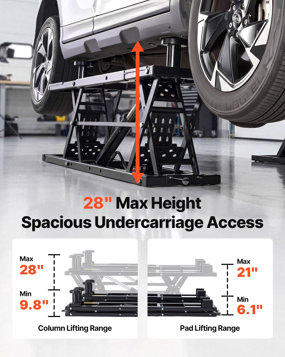 28 in max height for spacious undercarriage access with column and pad lifting ranges