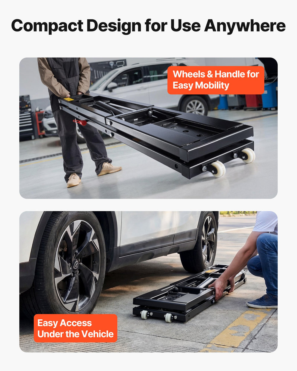 Compact design with wheels and handle for easy mobility and access under the vehicle