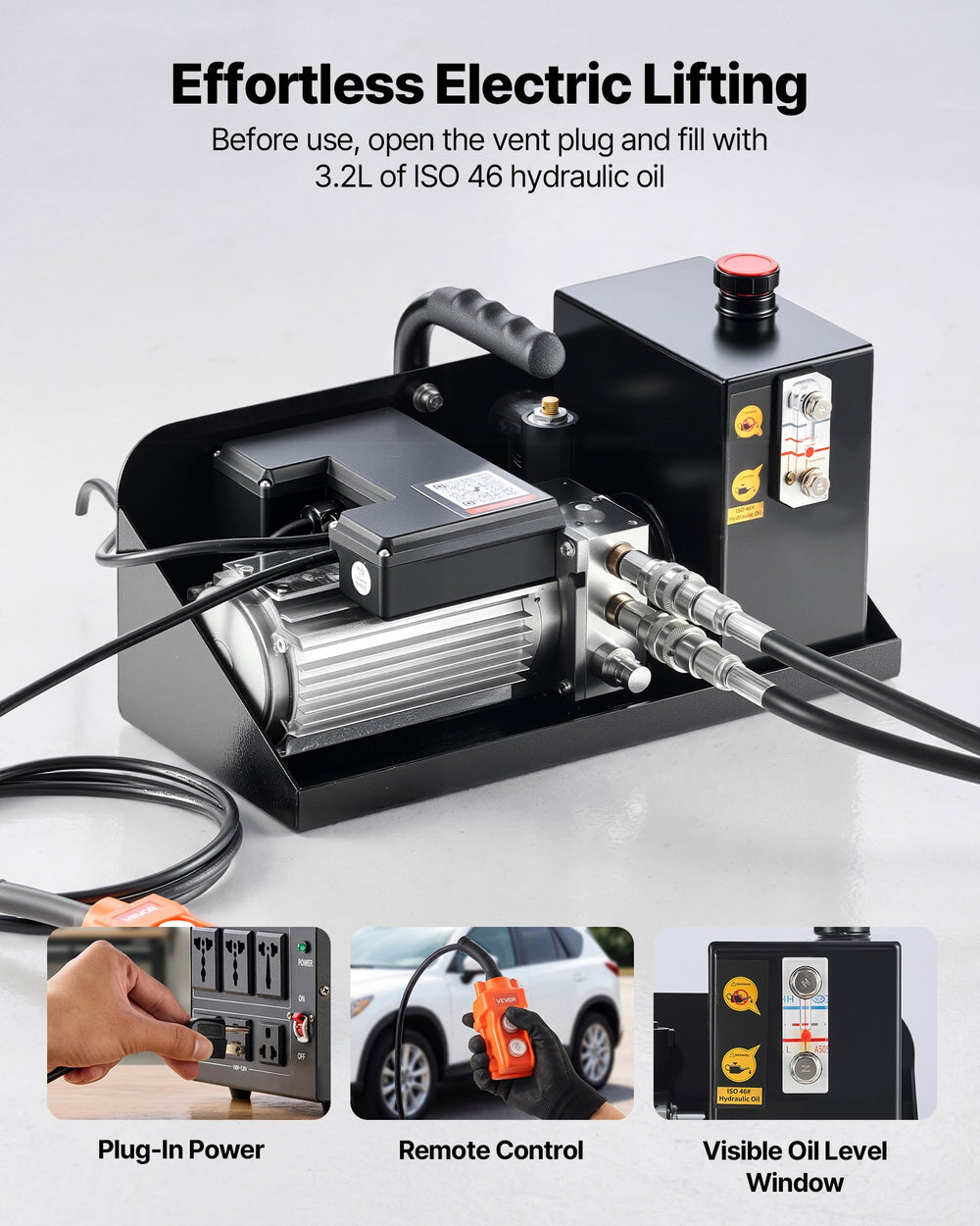 Effortless electric lifting with plug-in power, remote control, and visible oil level window