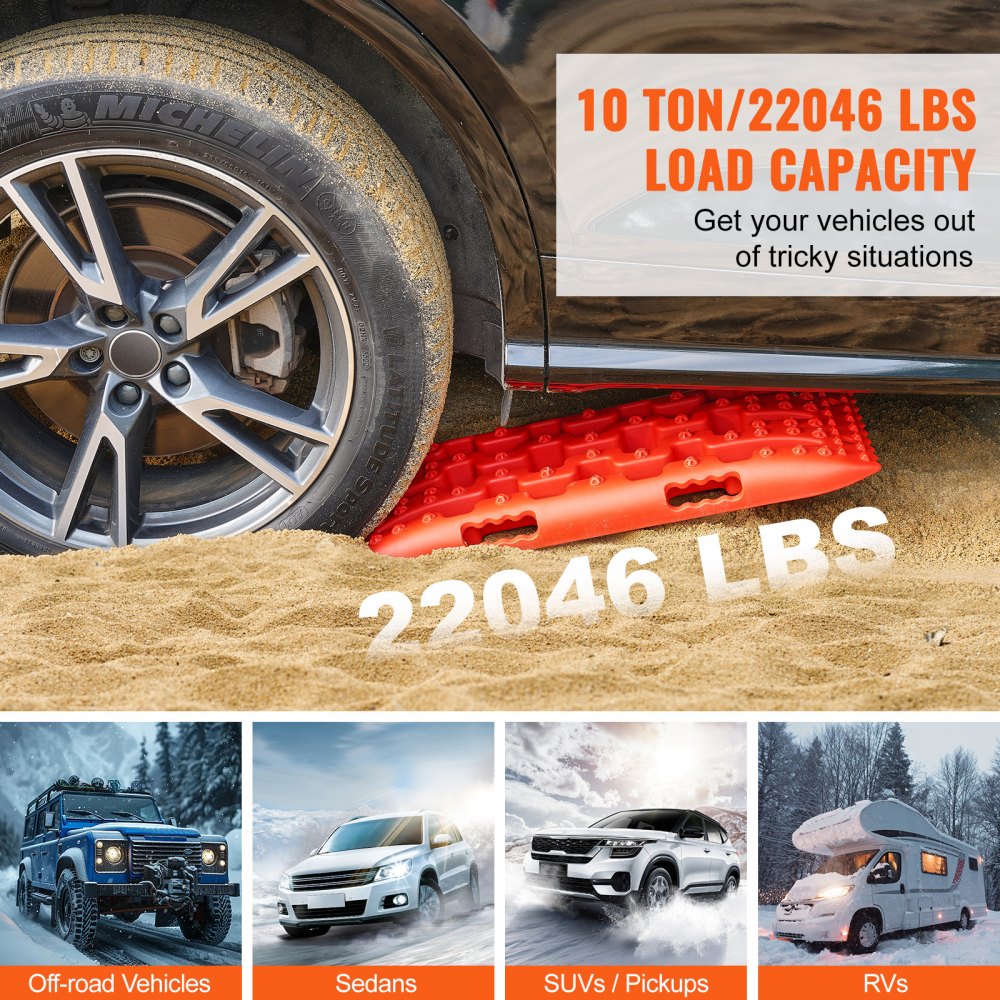 VEVOR 10 TON Traction Boards with PP Material, Recovery Boards for Off-road Vehicles/Cars/Pickups/SUVs/RVs, Pair Tire Traction Mats on Snow, Sand, Mud and Loose Terrain, Storage Bag, Short, Red