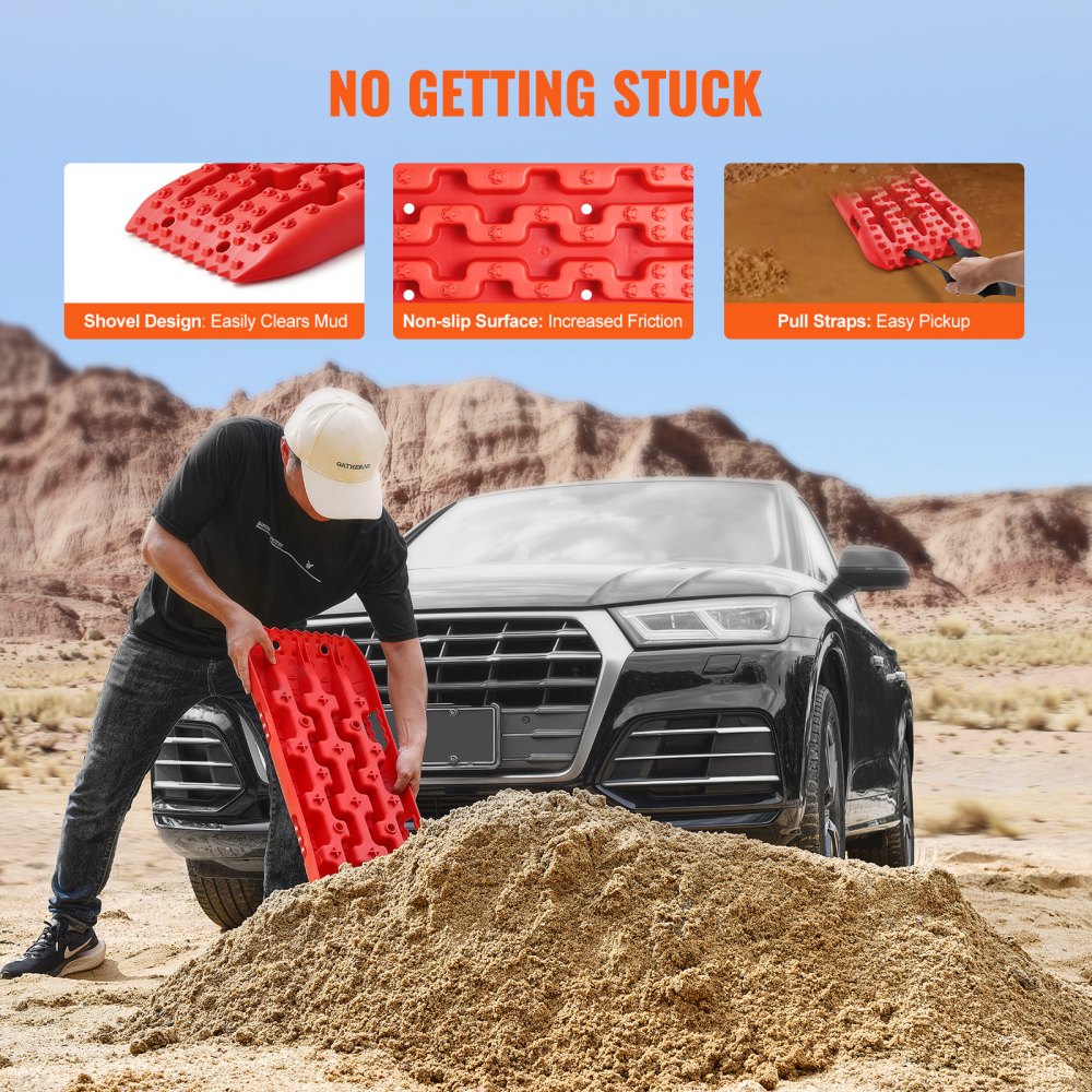 VEVOR 10 TON Traction Boards with PP Material, Recovery Boards for Off-road Vehicles/Cars/Pickups/SUVs/RVs, Pair Tire Traction Mats on Snow, Sand, Mud and Loose Terrain, Storage Bag, Short, Red