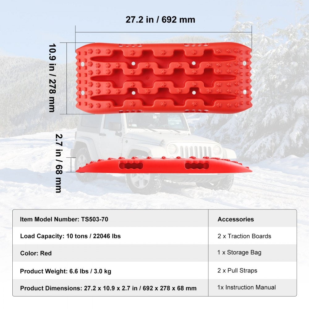 VEVOR 10 TON Traction Boards with PP Material, Recovery Boards for Off-road Vehicles/Cars/Pickups/SUVs/RVs, Pair Tire Traction Mats on Snow, Sand, Mud and Loose Terrain, Storage Bag, Short, Red