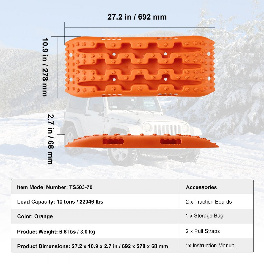 VEVOR 10 TON Traction Boards with PP Material, Recovery Boards for Off-road Vehicles/Cars/Pickups/SUVs/RVs, Pair Tire Traction Mats on Snow, Sand, Mud and Loose Terrain, Storage Bag, Short, Orange