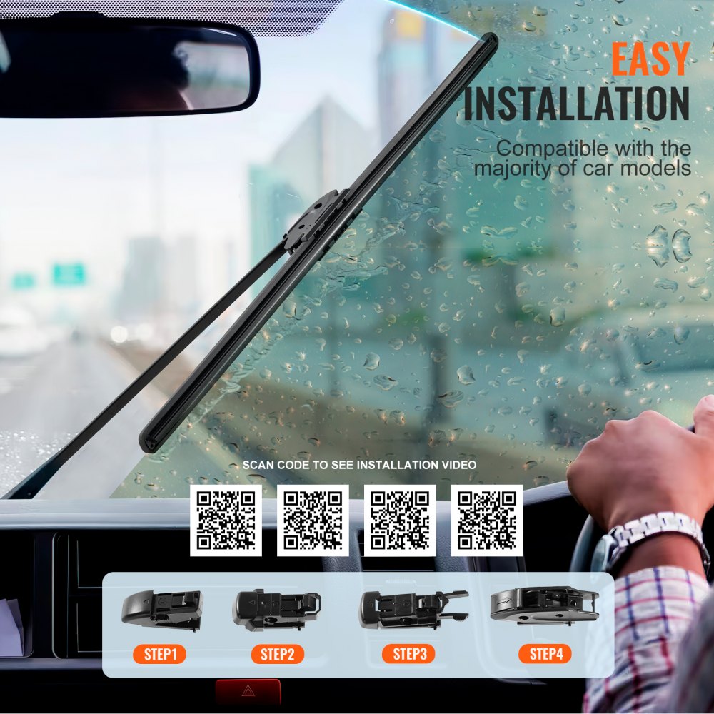 VEVOR 20" Rubber Wiper Blades, 51 cm Universal Replacement Wind Shield Wiper, Low Noise & Better Fit, with 4 Different Clips for most Car, Easy Installation