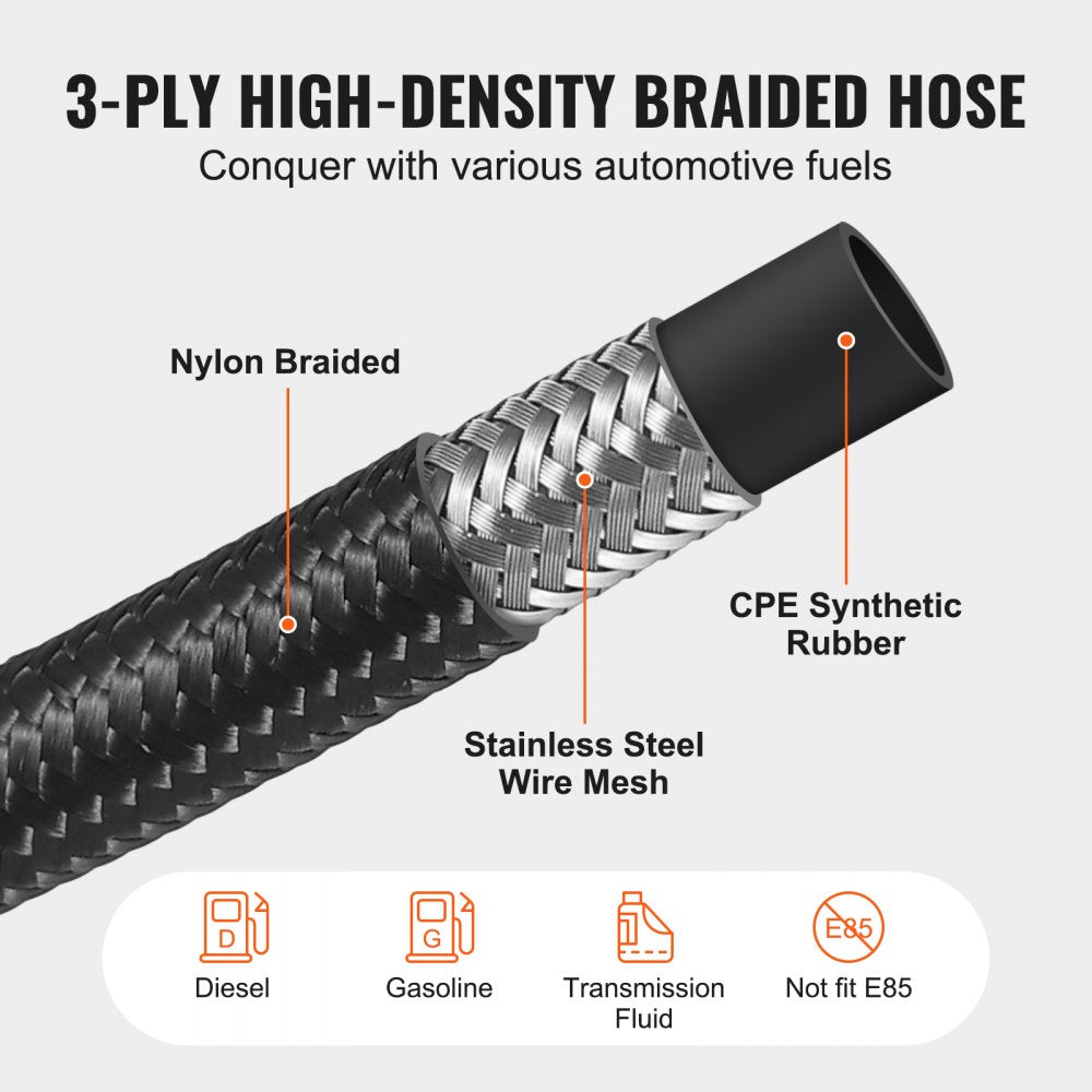 VEVOR 10AN Fuel Line Kit, 10 FT Fuel Hose Kit, 0.55" Nylon Stainless Steel Braided Fuel Line Oil/Gas/Diesel Hose End Fitting Kit, with 7 PCS Swivel Fitting Adapter Kit, Black