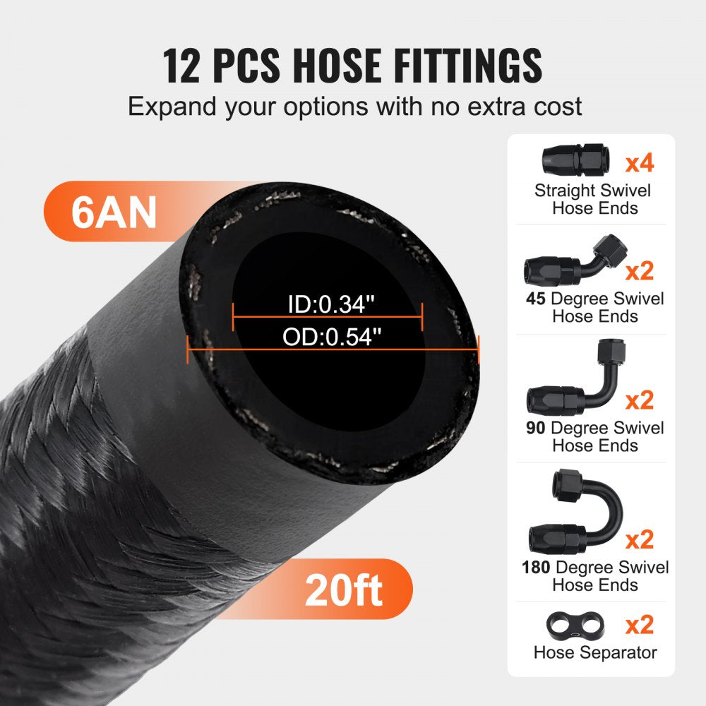 VEVOR 6AN Fuel Line Kit, 20 FT Fuel Hose Kit, 0.34" Nylon Stainless Steel Braided Fuel Line Oil/Gas/Diesel Hose End Fitting Kit, with 12 PCS Swivel Fitting Adapter Kit, Black