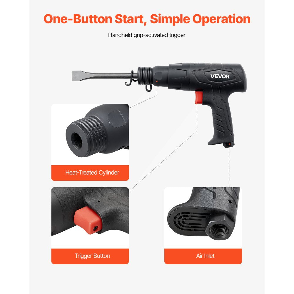 VEVOR Air Hammer, 2500-2700BPM Pneumatic Hammer with 2.76-inch Stroke & 4PCS 6.7" Long Barrel Chisels, Pistol-Grip Compact Air Chisel Pneumatic Shovel Tool for Cutting Scraping Demolishing