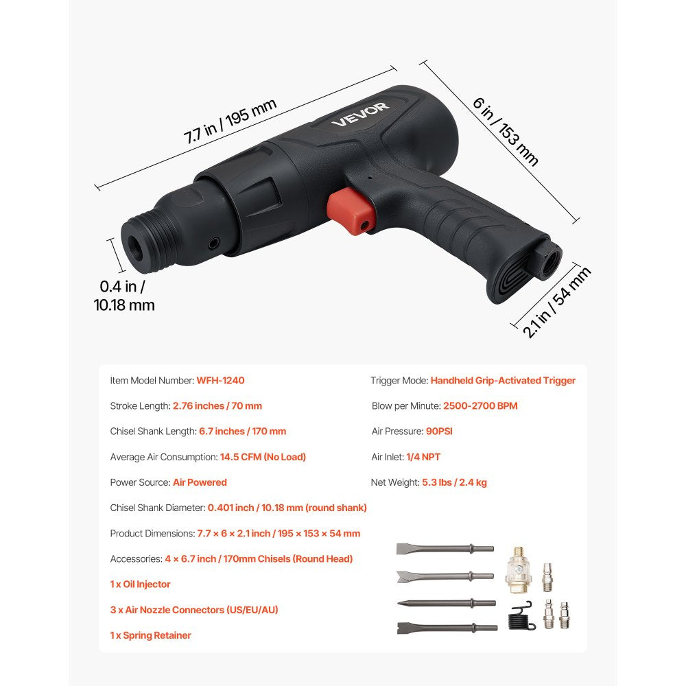 VEVOR Air Hammer, 2500-2700BPM Pneumatic Hammer with 2.76-inch Stroke & 4PCS 6.7" Long Barrel Chisels, Pistol-Grip Compact Air Chisel Pneumatic Shovel Tool for Cutting Scraping Demolishing