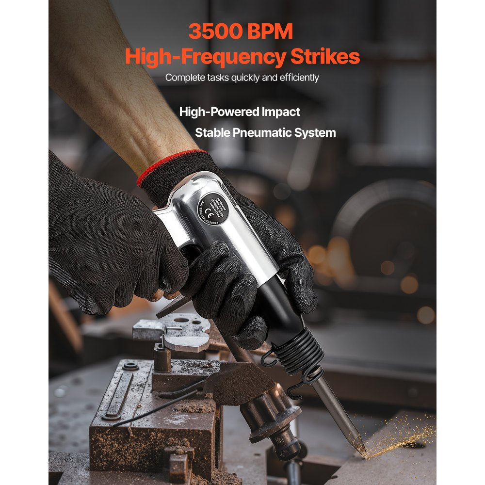 VEVOR Air Hammer, 3500BPM Pneumatic Hammer with 2.76 inch Stroke & 4PCS Chisels Round Shank, Pistol-Grip Compact Air Chisel Pneumatic Shovel Tool for Cutting Punching Scraping