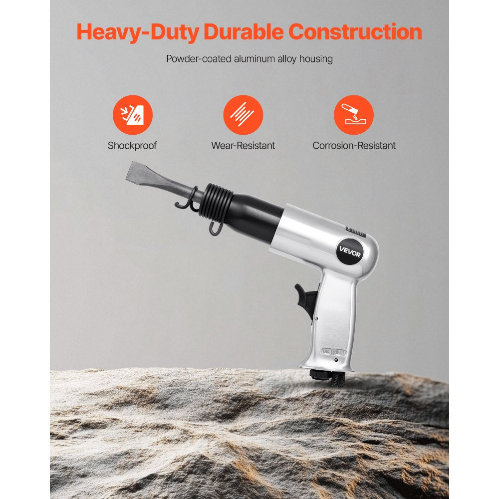 VEVOR Air Hammer, 3500BPM Pneumatic Hammer with 2.76 inch Stroke & 4PCS Chisels Round Shank, Pistol-Grip Compact Air Chisel Pneumatic Shovel Tool for Cutting Punching Scraping
