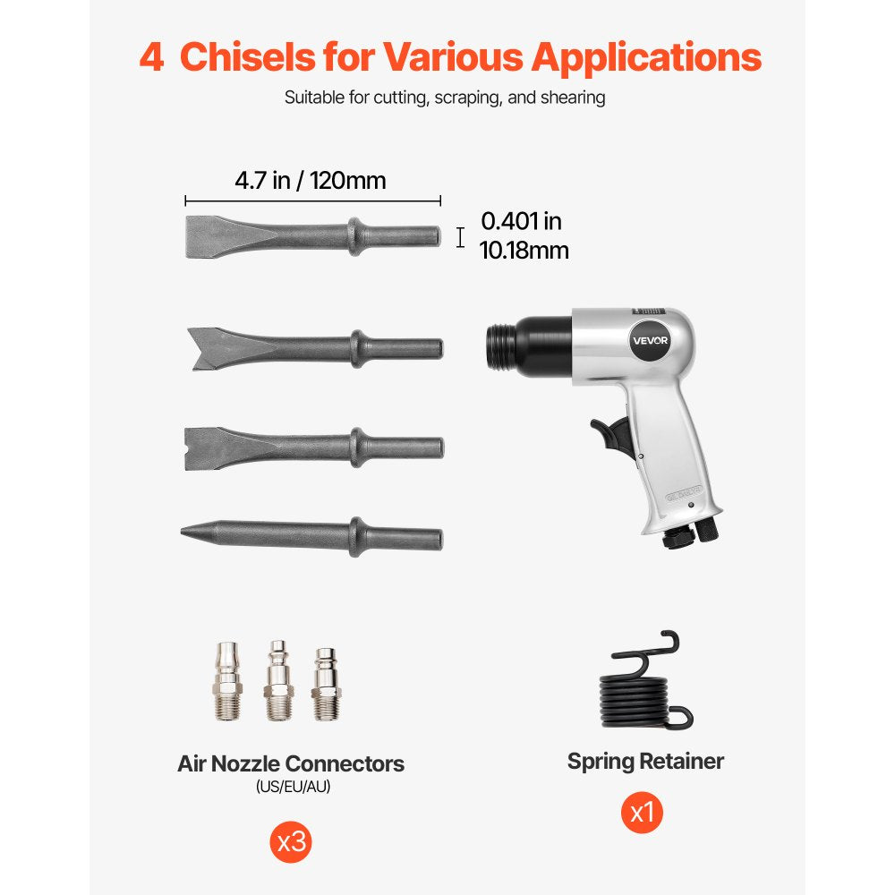 VEVOR Air Hammer, 4500BPM Pneumatic Hammer with 1.57-inch Stroke & 4PCS Chisels Round Shank, Lightweight & Compact Air Chisel Pneumatic Shovel Tool for Cutting Punching Scraping