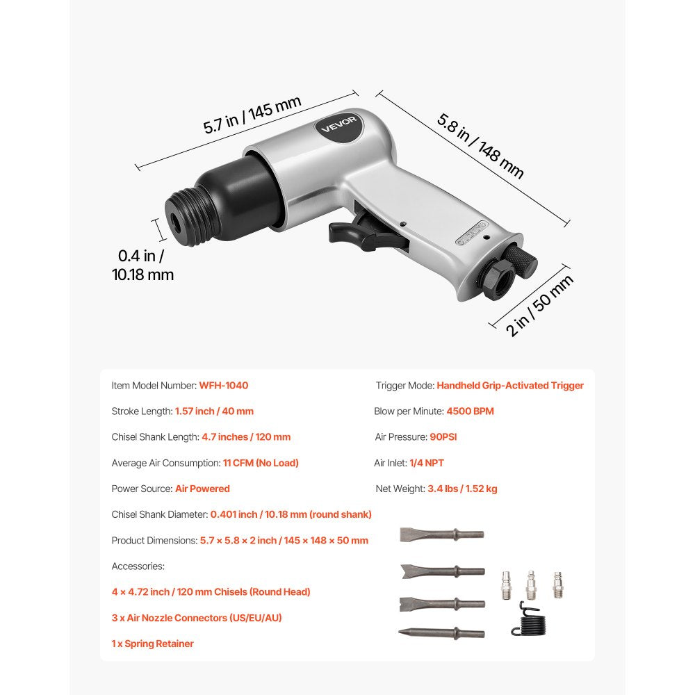 VEVOR Air Hammer, 4500BPM Pneumatic Hammer with 1.57-inch Stroke & 4PCS Chisels Round Shank, Lightweight & Compact Air Chisel Pneumatic Shovel Tool for Cutting Punching Scraping