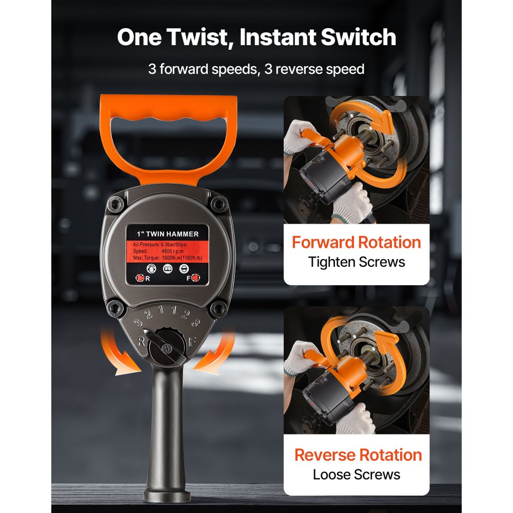 VEVOR 1 Inch Air Impact Wrench, Up to 1200 ft-lbs Nut-Busting Torque, 16.4 lbs Lightweight Pneumatic Impact Gun with Double Handles for Heavy Duty Repairs and Maintenance