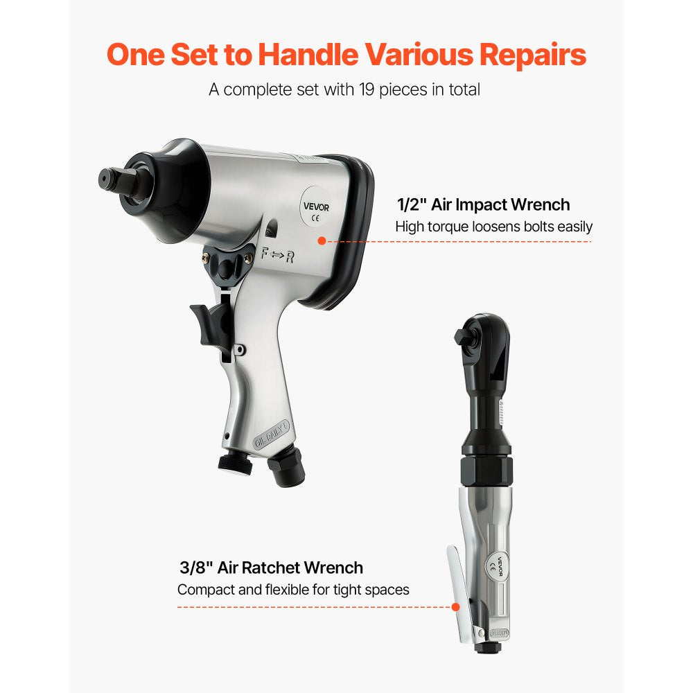 VEVOR 1/2" Air Impact Wrench & 3/8" Ratchet Wrench Combo, 19 Pieces Pro Air Tool and Accessories Kit - Includes 10PCS CR-V Steel Impact Socket Set & Carrying Case for Auto Repair, Home DIY Projects