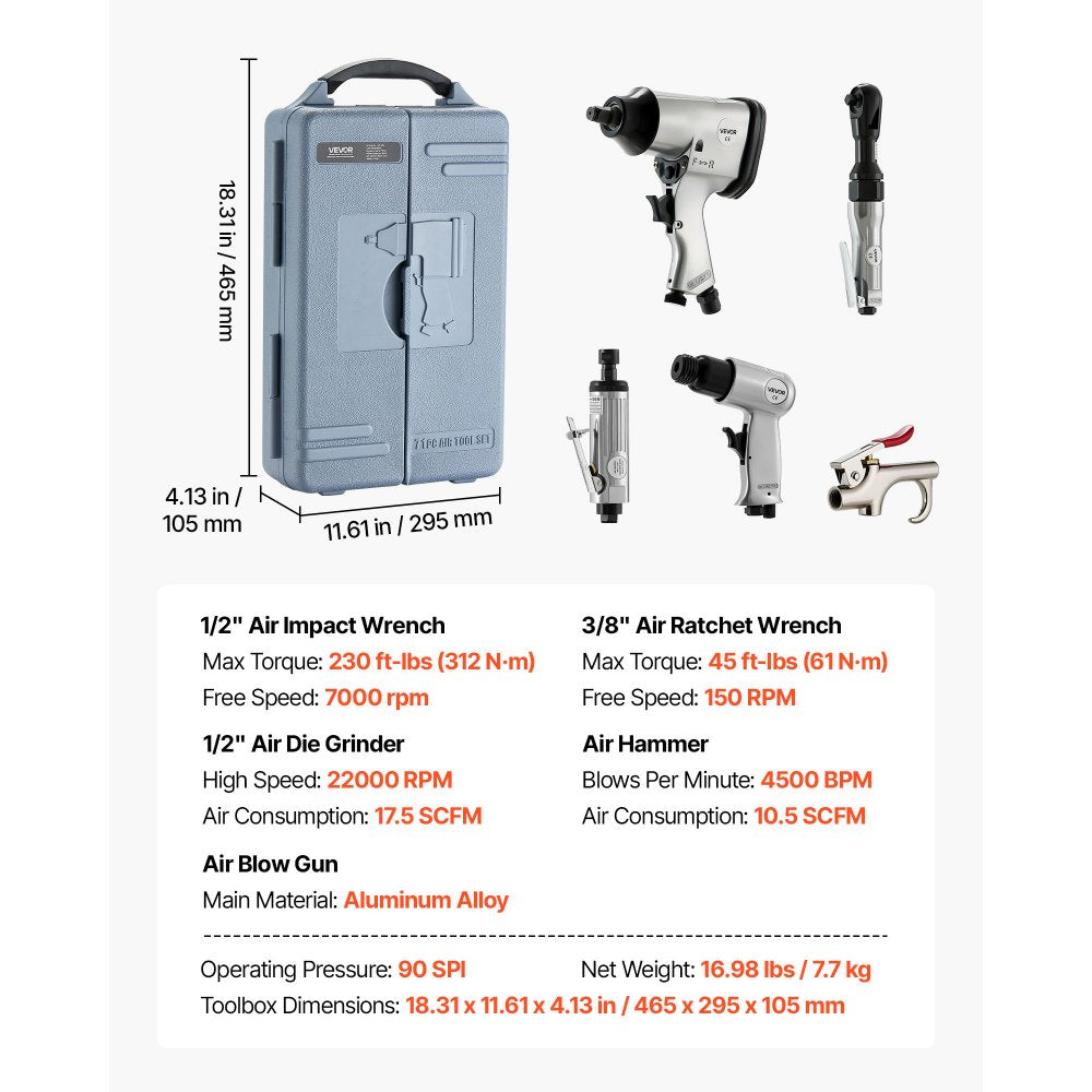 VEVOR 71 Pieces Pro Air Tool and Accessories Kit - 1/2" Air Impact Wrench, 3/8" Ratchet Wrench, 1/2" Die Grinder, 4500BPM Hammer, Blow Gun for Auto Repair, Home DIY Project - Storage Case Included