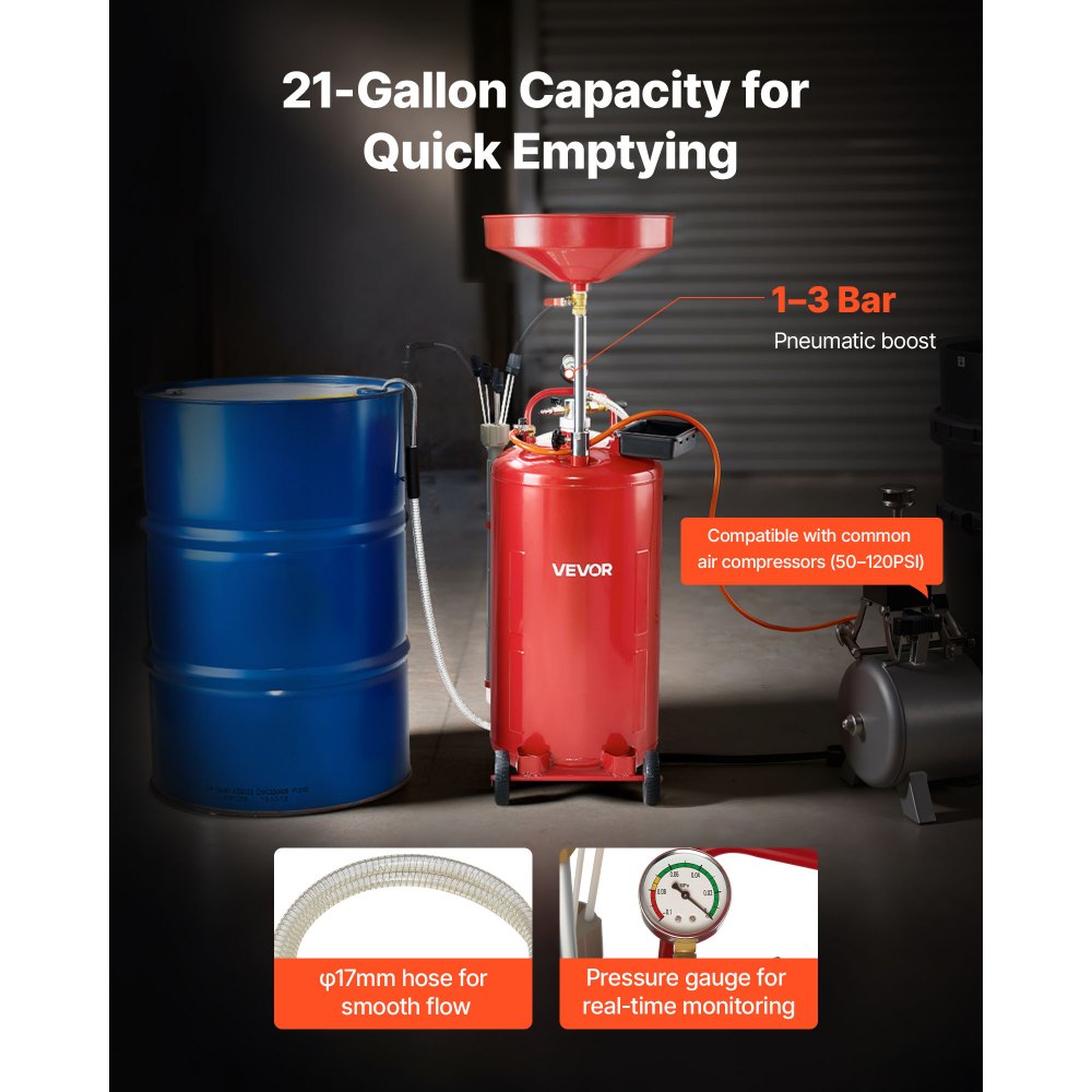 VEVOR 21 Gallon Waste Oil Drain Tank, Air Operated Portable Oil Drainer with Adjustable Funnel Height, Industrial Fluid Drain Tank with Wheels, Fluid Fuel Transfer Drainage for Auto Repair Shops, Red