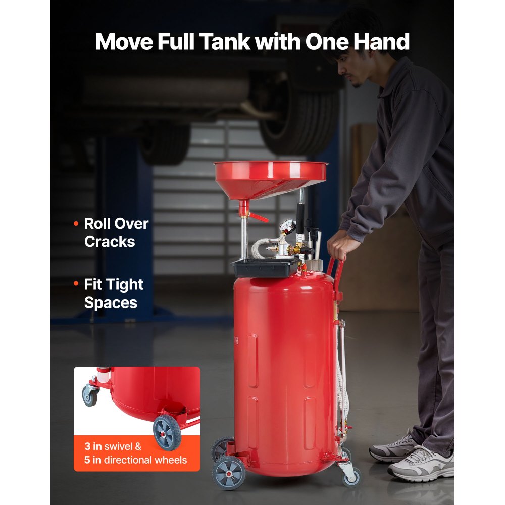 VEVOR 21 Gallon Waste Oil Drain Tank, Air Operated Portable Oil Drainer with Adjustable Funnel Height, Industrial Fluid Drain Tank with Wheels, Fluid Fuel Transfer Drainage for Auto Repair Shops, Red