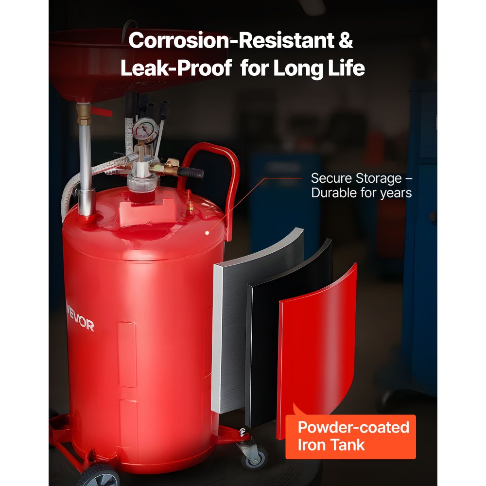 VEVOR 21 Gallon Waste Oil Drain Tank, Air Operated Portable Oil Drainer with Adjustable Funnel Height, Industrial Fluid Drain Tank with Wheels, Fluid Fuel Transfer Drainage for Auto Repair Shops, Red