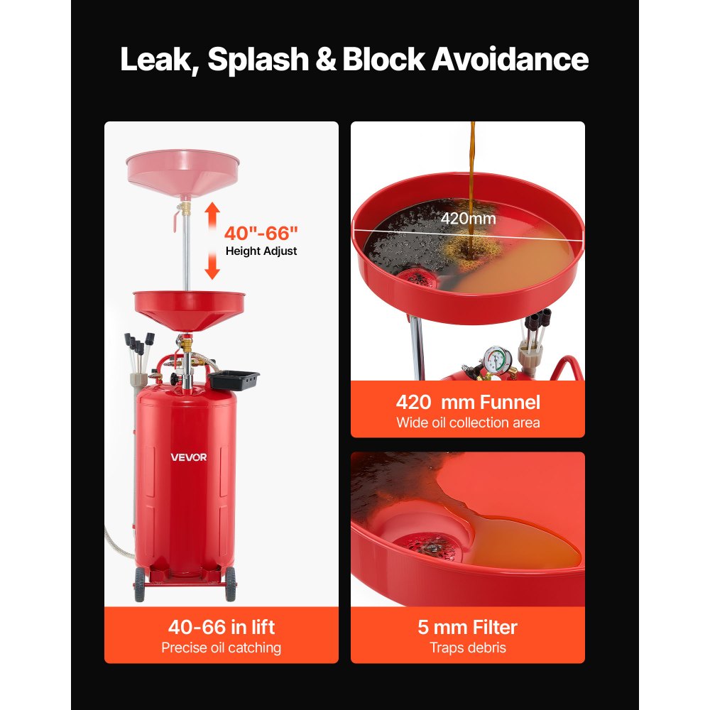 VEVOR 21 Gallon Waste Oil Drain Tank, Air Operated Portable Oil Drainer with Adjustable Funnel Height, Industrial Fluid Drain Tank with Wheels, Fluid Fuel Transfer Drainage for Auto Repair Shops, Red