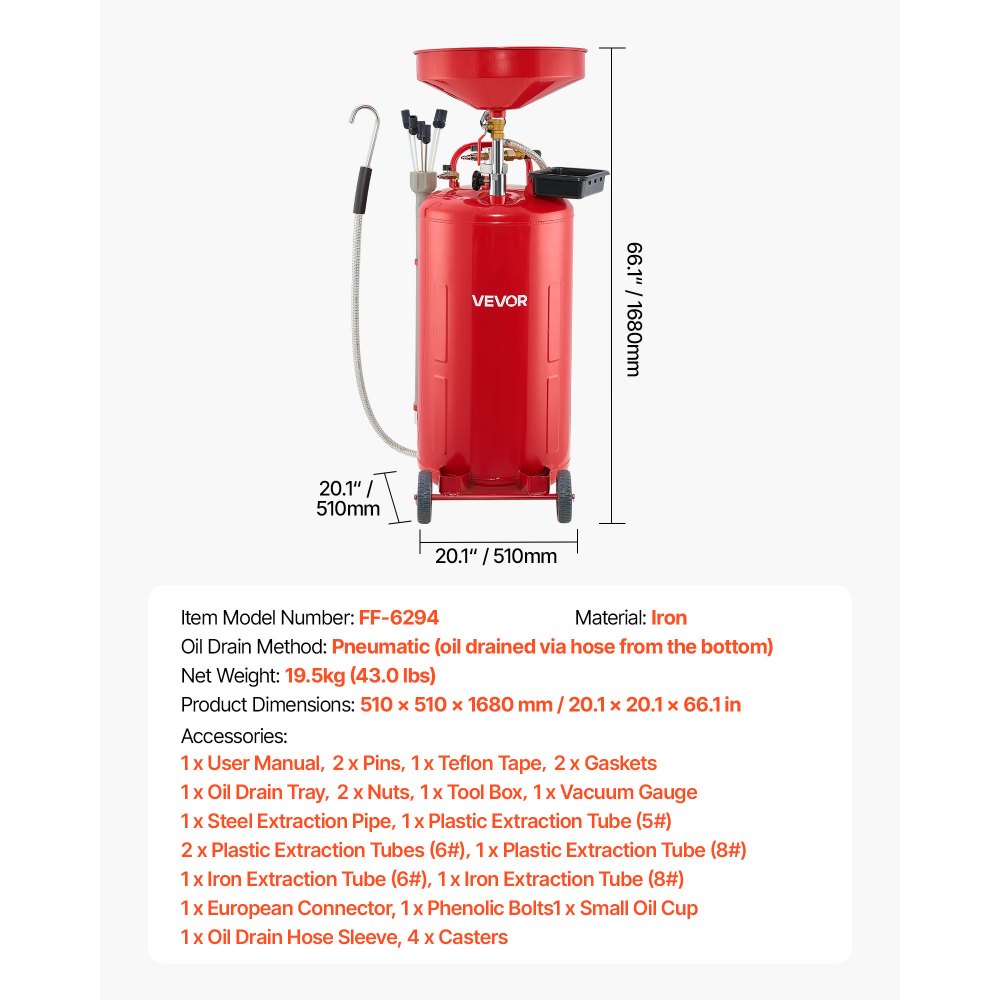 VEVOR 21 Gallon Waste Oil Drain Tank, Air Operated Portable Oil Drainer with Adjustable Funnel Height, Industrial Fluid Drain Tank with Wheels, Fluid Fuel Transfer Drainage for Auto Repair Shops, Red
