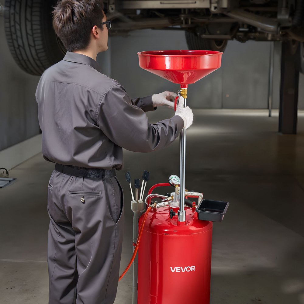 VEVOR 21 Gallon Waste Oil Drain Tank, Air Operated Portable Oil Drainer with Adjustable Funnel Height, Industrial Fluid Drain Tank with Wheels, Fluid Fuel Transfer Drainage for Auto Repair Shops, Red
