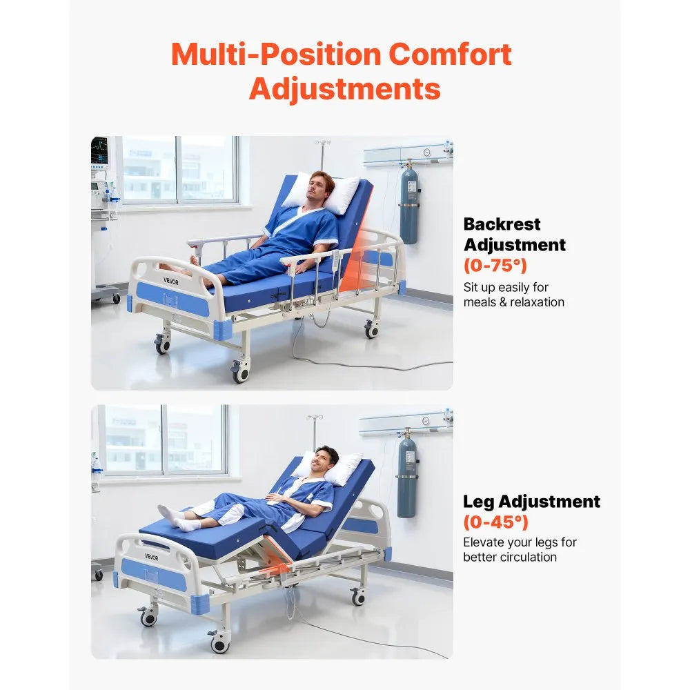 VEVOR Premium 2 Function Full Electric Hospital Bed, ICU Electric Medical Bed with Backrest & Legrest Adjustment, 5" Locking Casters, High-Density Foam Mattress for Home Hospital, 550LBS Loading