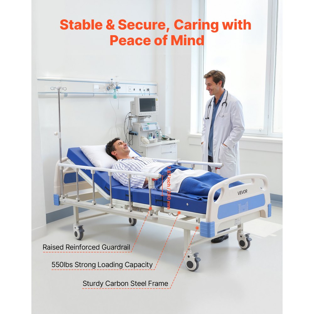VEVOR Premium 2 Function Full Electric Hospital Bed, ICU Electric Medical Bed with Backrest & Legrest Adjustment, 5" Locking Casters, High-Density Foam Mattress for Home Hospital, 550LBS Loading
