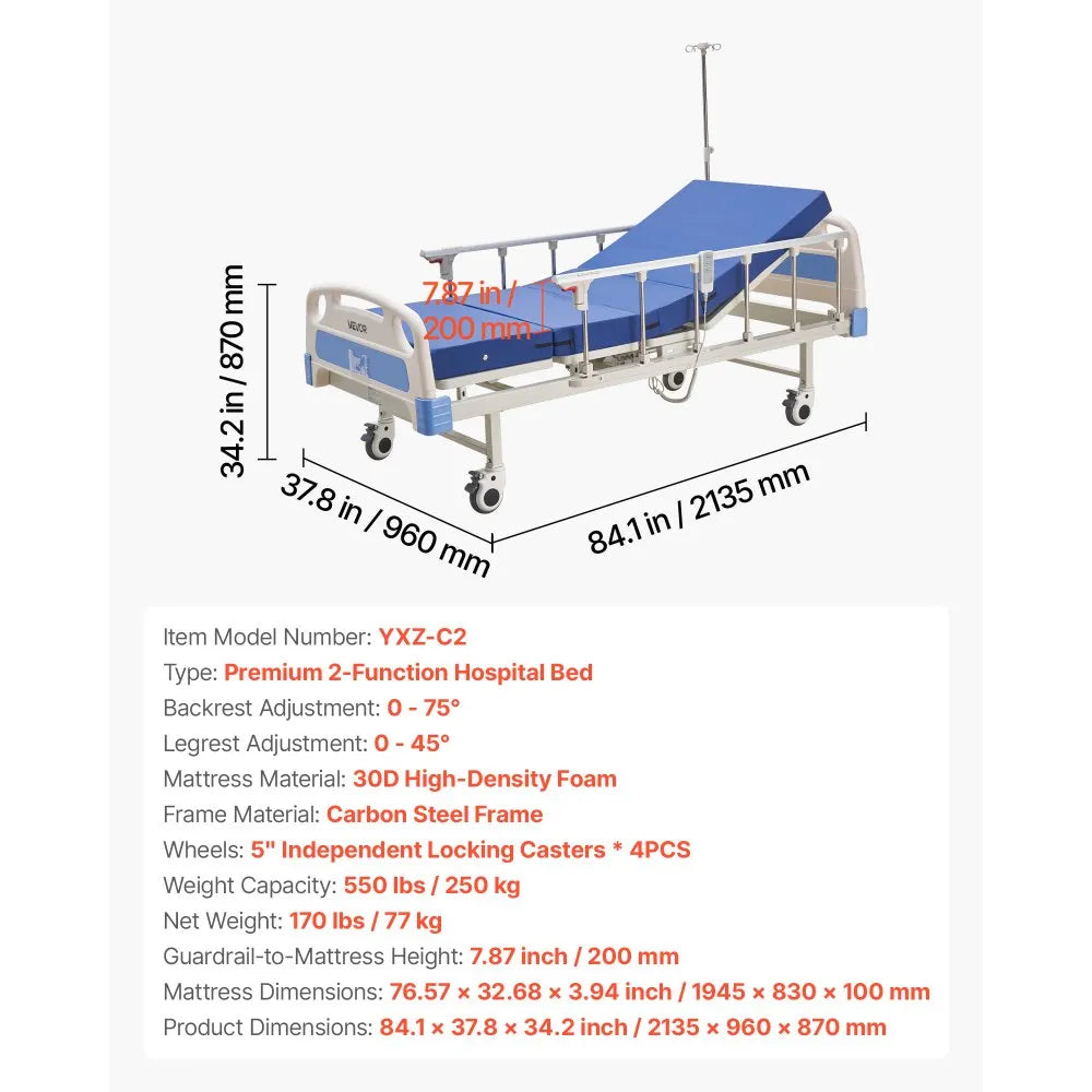 VEVOR Premium 2 Function Full Electric Hospital Bed, ICU Electric Medical Bed with Backrest & Legrest Adjustment, 5" Locking Casters, High-Density Foam Mattress for Home Hospital, 550LBS Loading