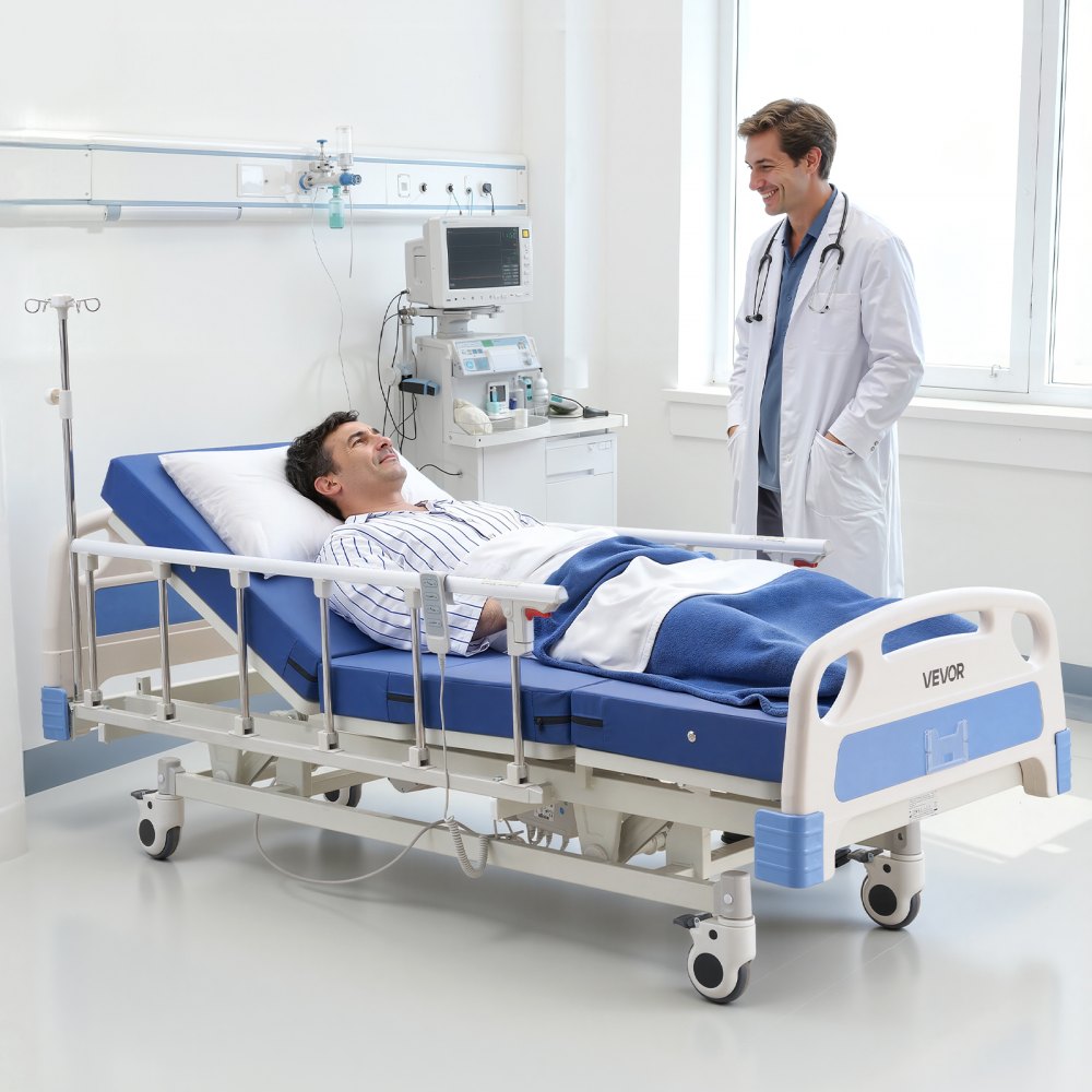 VEVOR Premium 3 Function Full Electric Hospital Bed, ICU Electric Medical Bed with Backrest, Legrest & Height Adjustment, 5" Locking Casters, High-Density Mattress for Home Hospital, 550LBS Loading