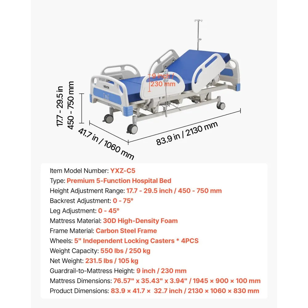 VEVOR Premium 5 Function Full Electric Hospital Bed, ICU Electric Medical Bed with Trendelenburg & Reverse Trendelenburg, 5" Locking Casters & High-Density Mattress for Home Hospital, 550LBS Loading
