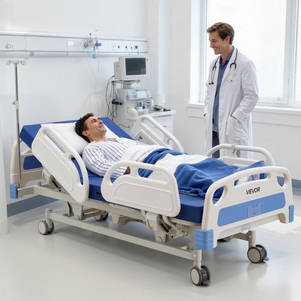VEVOR Premium 5 Function Full Electric Hospital Bed, ICU Electric Medical Bed with Trendelenburg & Reverse Trendelenburg, 5" Locking Casters & High-Density Mattress for Home Hospital, 550LBS Loading