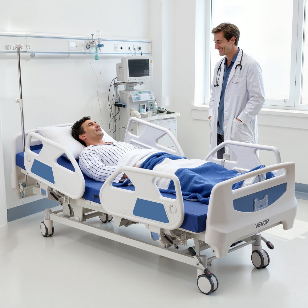 VEVOR Premium 5 Function Full Electric Hospital Bed, ICU Electric Medical Bed with Trendelenburg & Reverse Trendelenburg and Central Locking System with 5" Casters for Home Hospital, 550LBS Loading