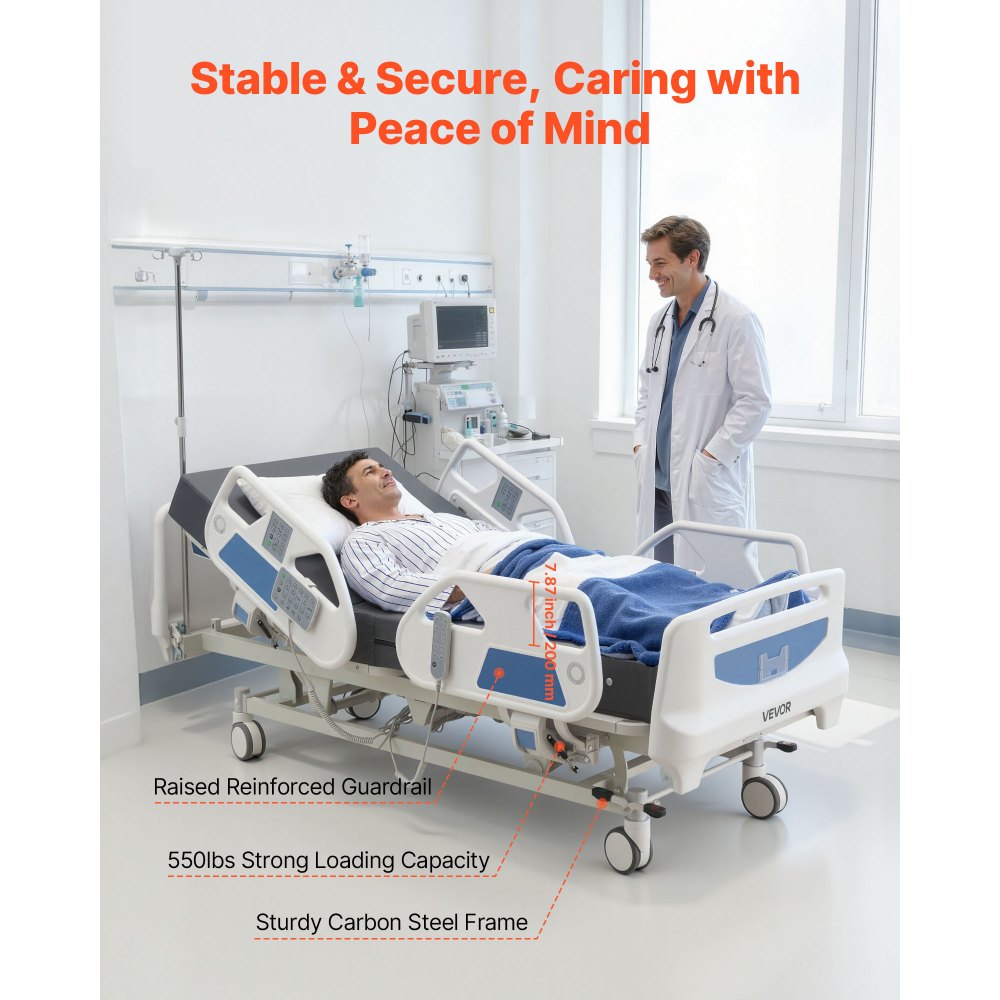 VEVOR Premium 5 Function Full Electric Hospital Bed, ICU Medical Bed with Cardiac Chair, CPR, Trendelenburg & Reverse Trendelenburg, Central Locking System with 5" Casters for Home Hospital, 550LBS