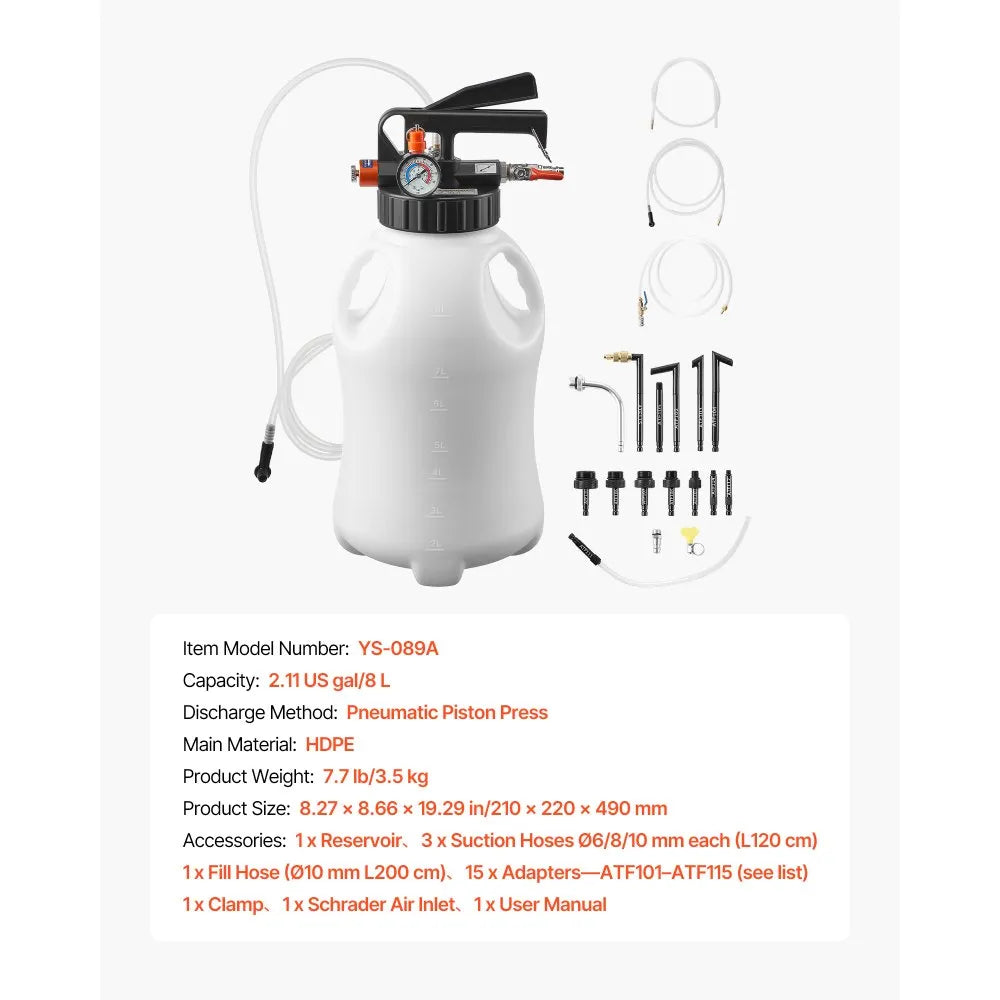 VEVOR Transmission Fluid Pump, 8 L Pneumatic Oil Fluid Extractor, ATF Refill Dispenser Transfer Pump with 15 ATF Adapters, Oil Extractor Dispenser with HDPE Tank for Cars, Boats, Lawn Mowers