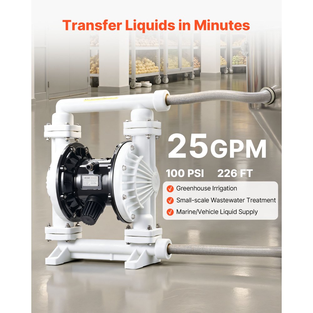 VEVOR Air Operated Double Diaphragm Pump, 25 GPM, 1 inch Inlet & Outlet Pneumatic Waste Oil Transfer Pump, Max 100 PSI, Polypropylene Body, Air-Operated for Diesel, Grease, Kerosene, Gasoline & Oil