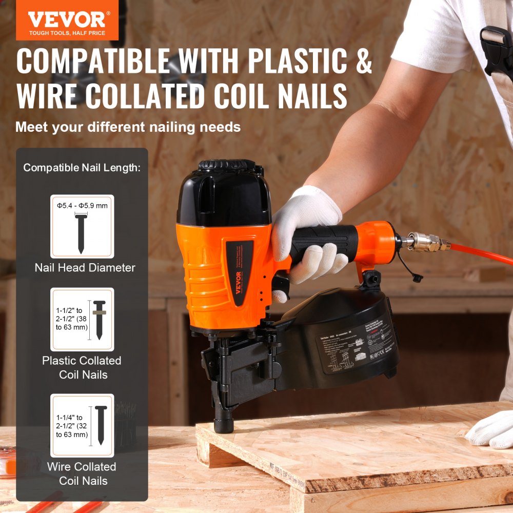 VEVOR Coil Siding Nailer CN65, 1-1/4" to 2-1/2" 15 Degree Pneumatic Siding Nail Gun with Tool-Less Depth Adjustment, 70-120PSI Air Coil Nailer for Siding, Pallet Sheathing, Wooding, Fencing, Decking