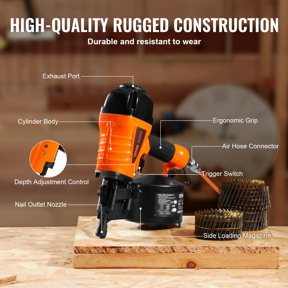 VEVOR Coil Siding Nailer CN65, 1-1/4" to 2-1/2" 15 Degree Pneumatic Siding Nail Gun with Tool-Less Depth Adjustment, 70-120PSI Air Coil Nailer for Siding, Pallet Sheathing, Wooding, Fencing, Decking