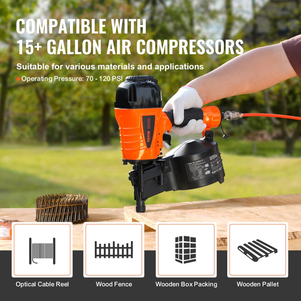 VEVOR Coil Siding Nailer CN65, 1-1/4" to 2-1/2" 15 Degree Pneumatic Siding Nail Gun with Tool-Less Depth Adjustment, 70-120PSI Air Coil Nailer for Siding, Pallet Sheathing, Wooding, Fencing, Decking