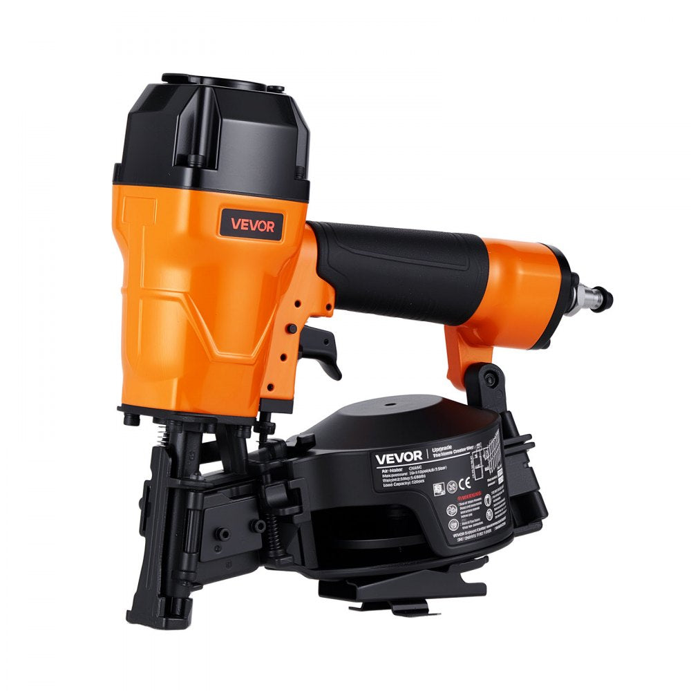 VEVOR Air Roofing Nailer CN45C, 3/4" to 1-3/4" 15 Degree Roofing Nail Gun with Two Firing Modes & Tool-Free Depth Adjustment, 70-110 PSI Pneumatic Coil Nailer for Asphalt Shingles, Roof Sheathing