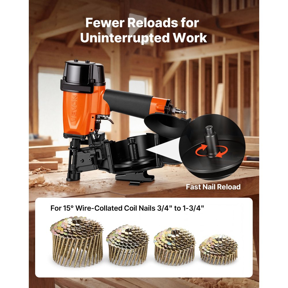 VEVOR Professional Roofing Nailer CN45N, 3/4" to 1-3/4" 15 Degree Air Roofing Nail Gun, 4–5 Nails/S Ultra-Fast Nailing, 70-110 PSI Pneumatic Coil Nailer for Asphalt Shingles, Roof Sheathing