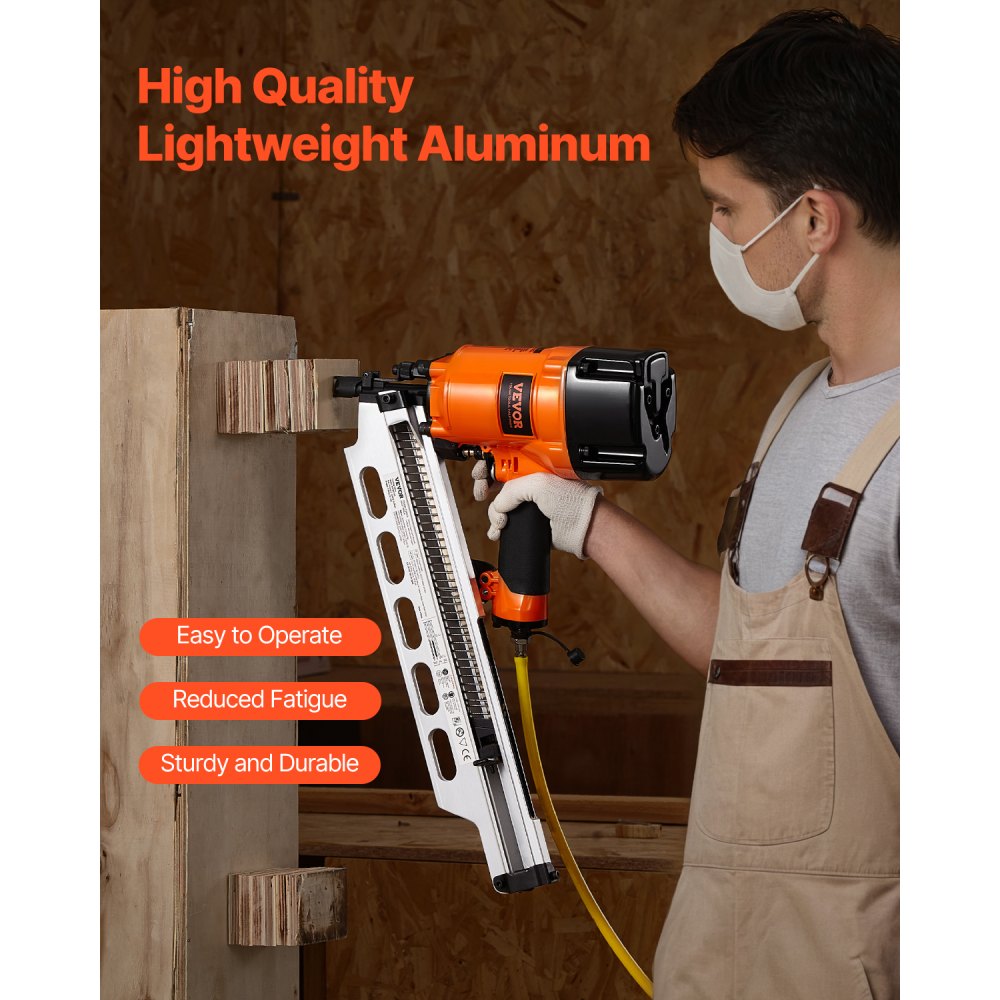 VEVOR Framing Nailer, 2" to 3-1/2" 21 Degree Full Round Head Pneumatic Framing Nailer with Dual Trigger Modes & Tool-Less Depth Adjustment, 80-120PSI Pro Air Nail Gun for Framing Flooring Decking
