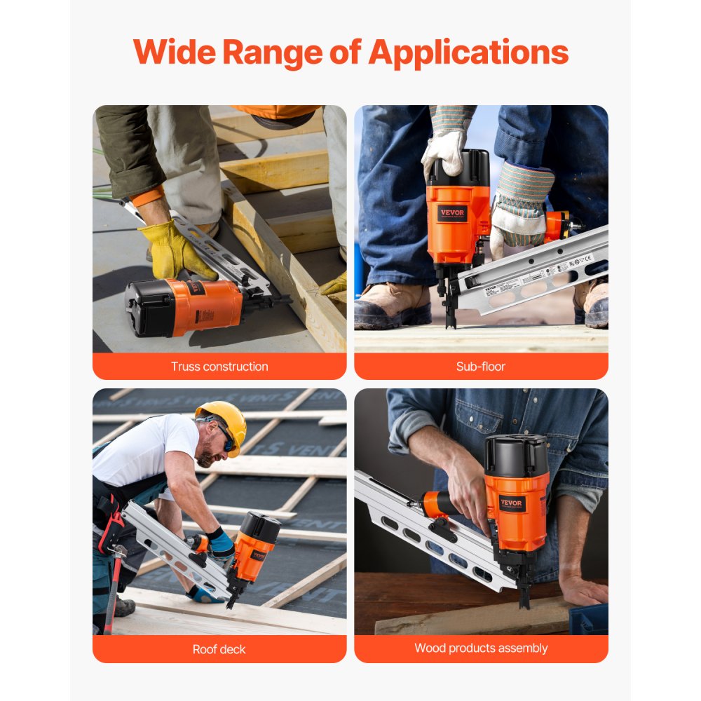 VEVOR Framing Nailer, 2" to 3-1/2" 21 Degree Full Round Head Pneumatic Framing Nailer with Dual Trigger Modes & Tool-Less Depth Adjustment, 80-120PSI Pro Air Nail Gun for Framing Flooring Decking