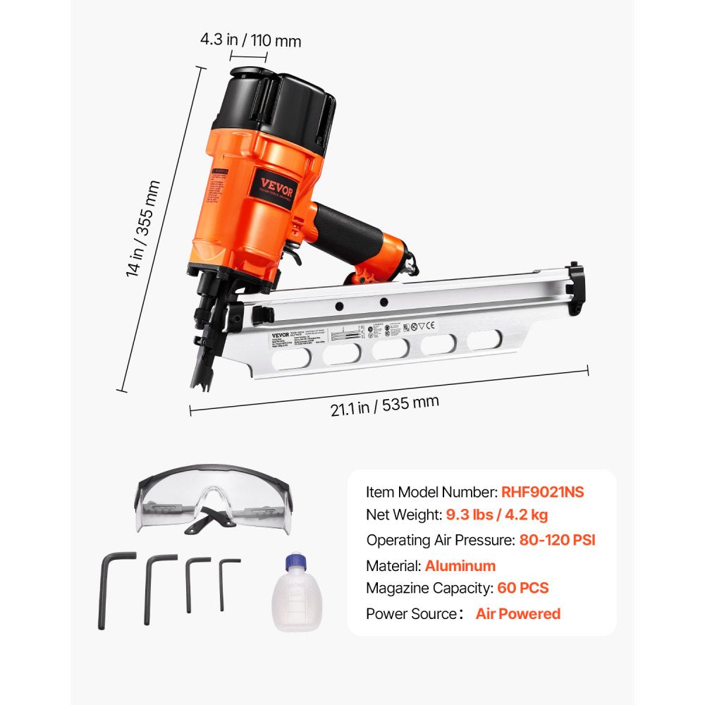 VEVOR Framing Nailer, 2" to 3-1/2" 21 Degree Full Round Head Pneumatic Framing Nailer with Dual Trigger Modes & Tool-Less Depth Adjustment, 80-120PSI Pro Air Nail Gun for Framing Flooring Decking